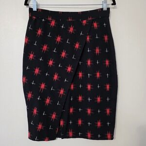 Mata Traders Asymmetric Skirt Sz S Faux Wrap Black Ikat Print Boho Career Office
